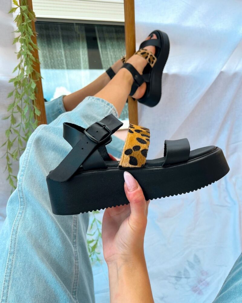Flatform με Leopard Λουράκι - Μαύρο - Image 5
