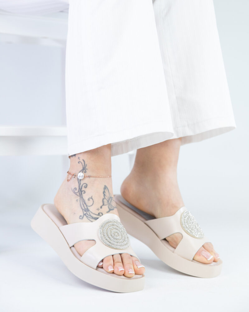 Παντόφλες Flatform με Strass - Μπεζ